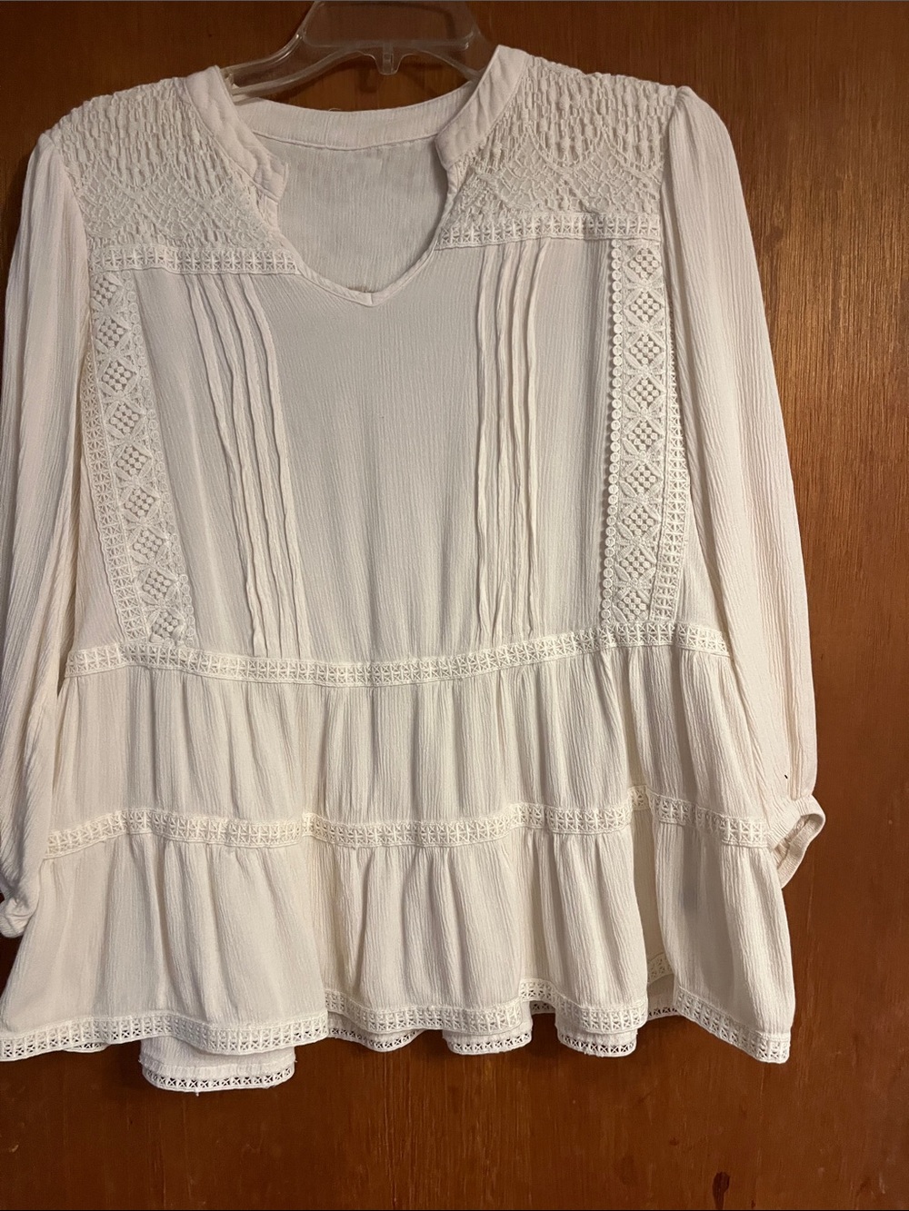White Women's Textured Crochet-Trim Peasant Top